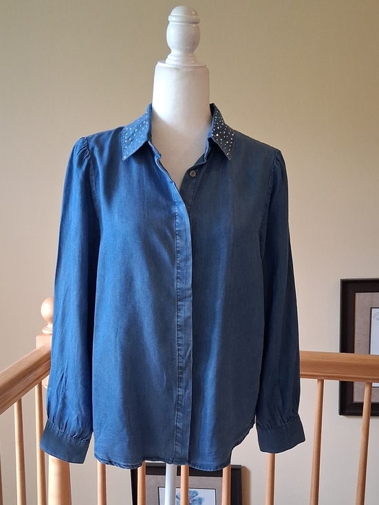 Badgley Mischka Tops - Badgley Mischka Blue Denim Button-Front Blouse + Embellished Rhinestone Collar